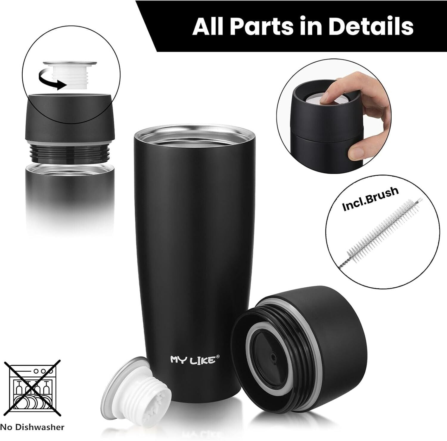 MY LIKE 360° Leakproof Travel Mug Stainless Steel Insulated Coffee Cup 450ml