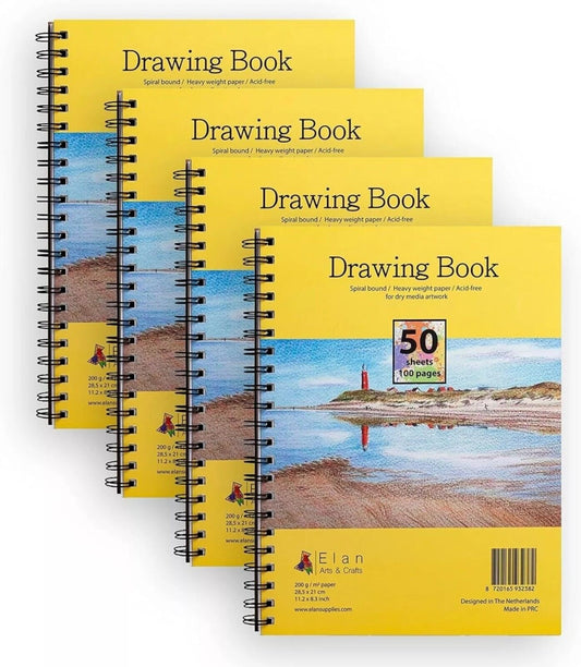 Elan A4 Drawing Book (4 Pack) - 200 Sheets, 200gsm Acid-Free Art Paper