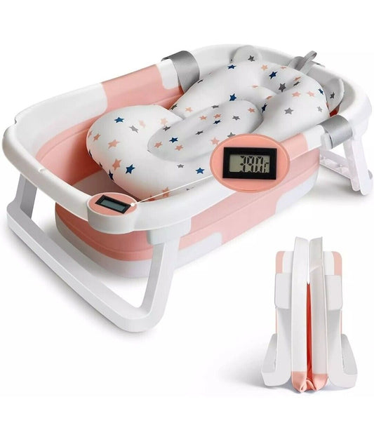 Large Foldable Baby Bathtub with Thermometer & Soft Cushion - 0-3yrs (Pink)