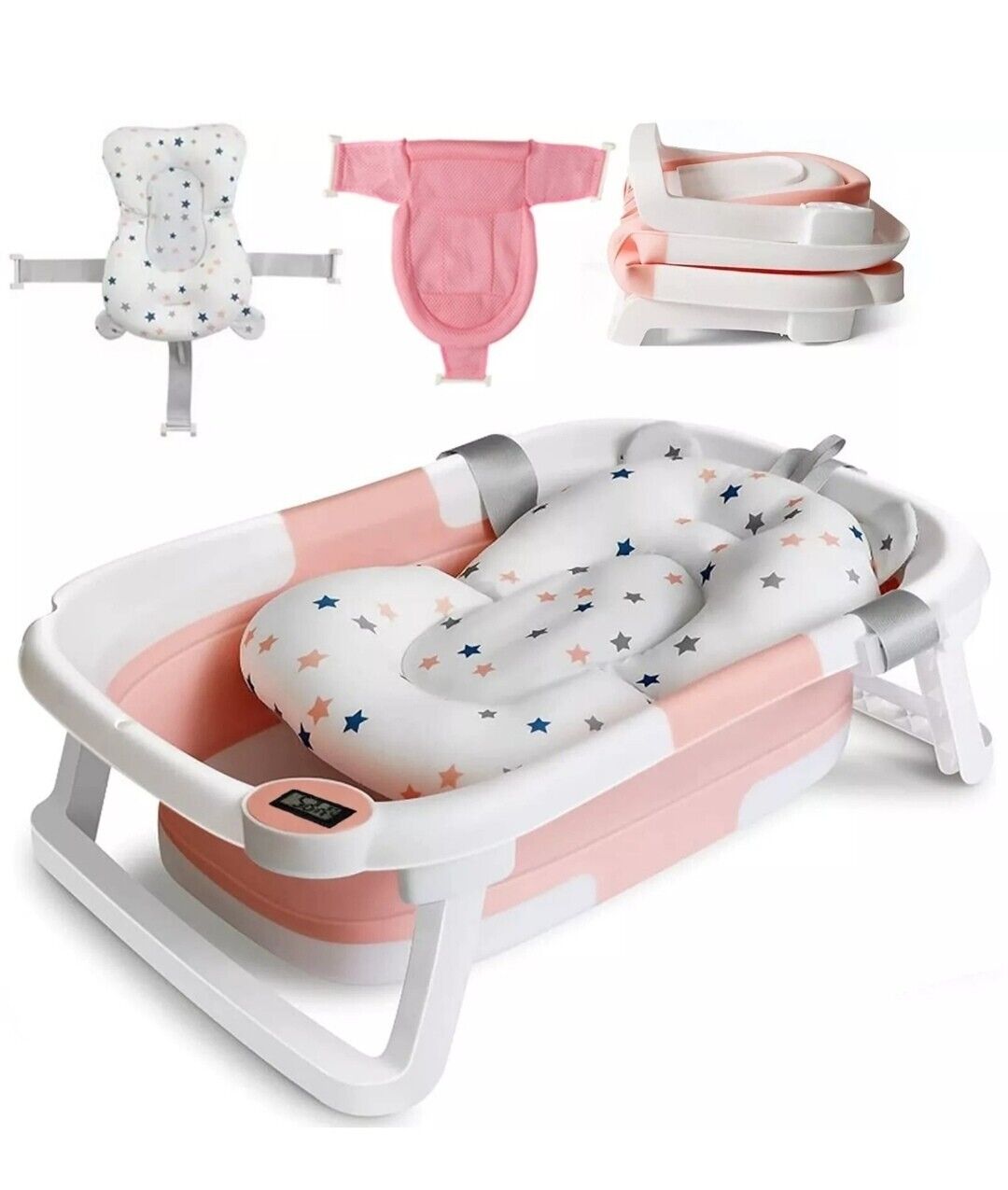 Large Foldable Baby Bathtub with Thermometer & Soft Cushion - 0-3yrs (Pink)