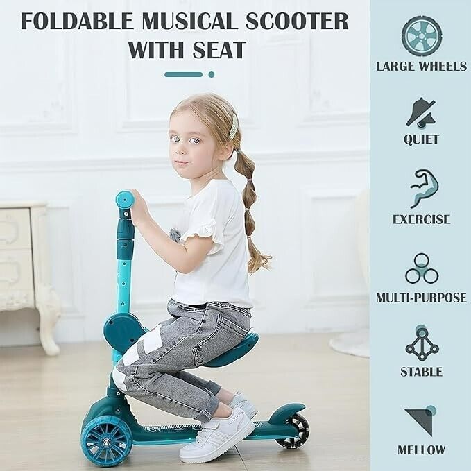 Vocpy 3 Wheels Musical Scooter for Kids Ages 3-12, Big Wheels Foldable Kick