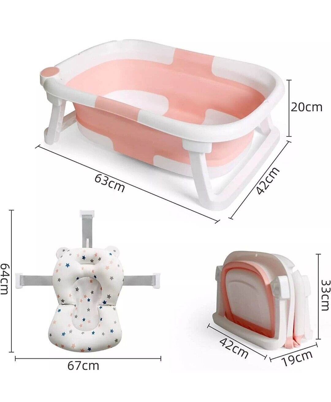 Large Foldable Baby Bathtub with Thermometer & Soft Cushion - 0-3yrs (Pink)