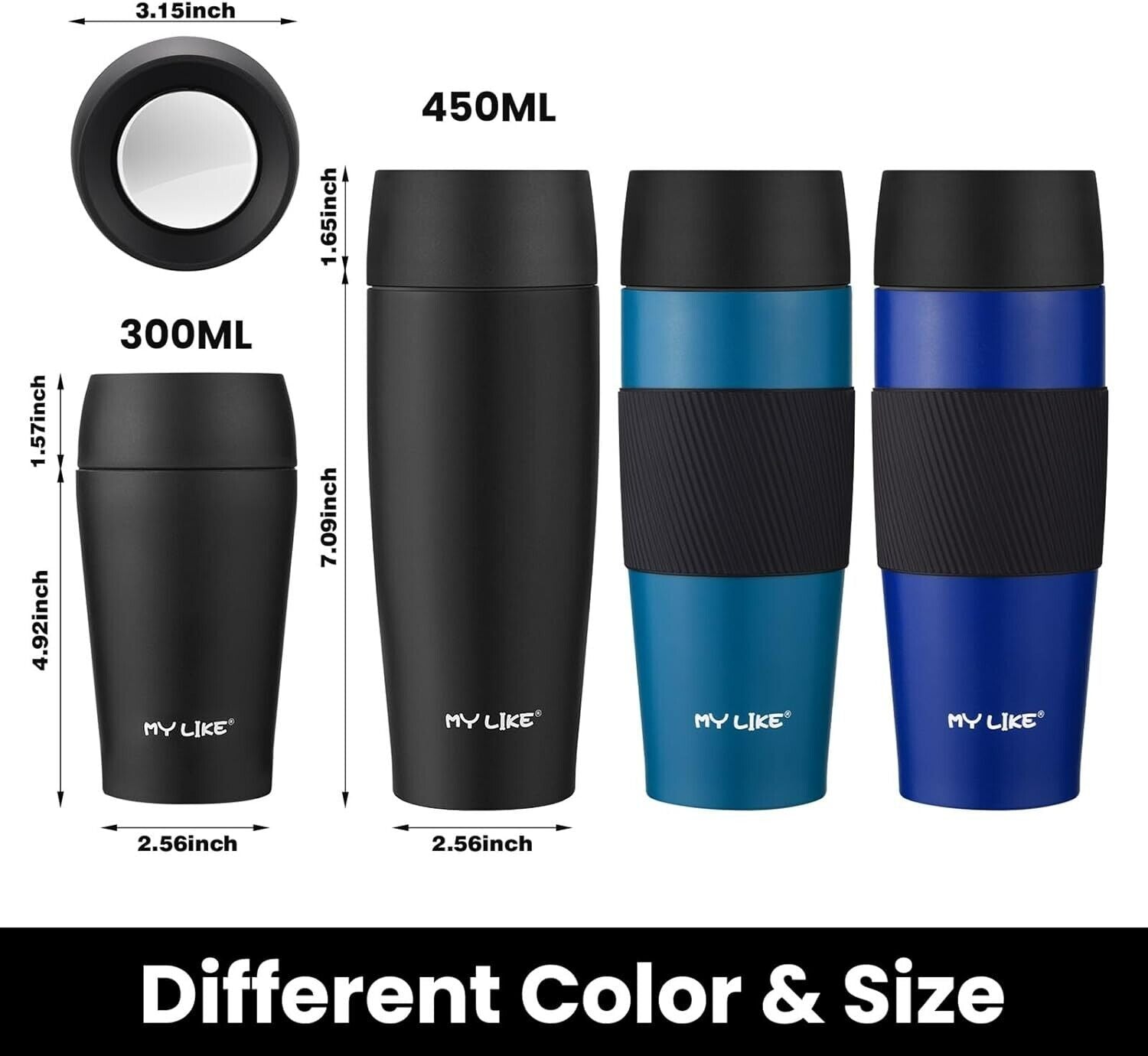 MY LIKE 360° Leakproof Travel Mug Stainless Steel Insulated Coffee Cup 450ml