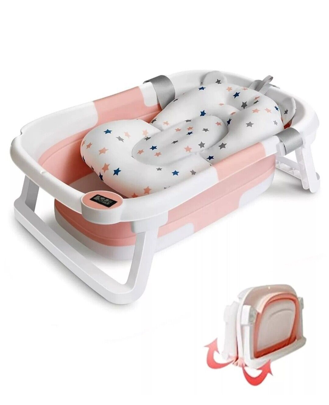 Large Foldable Baby Bathtub with Thermometer & Soft Cushion - 0-3yrs (Pink)